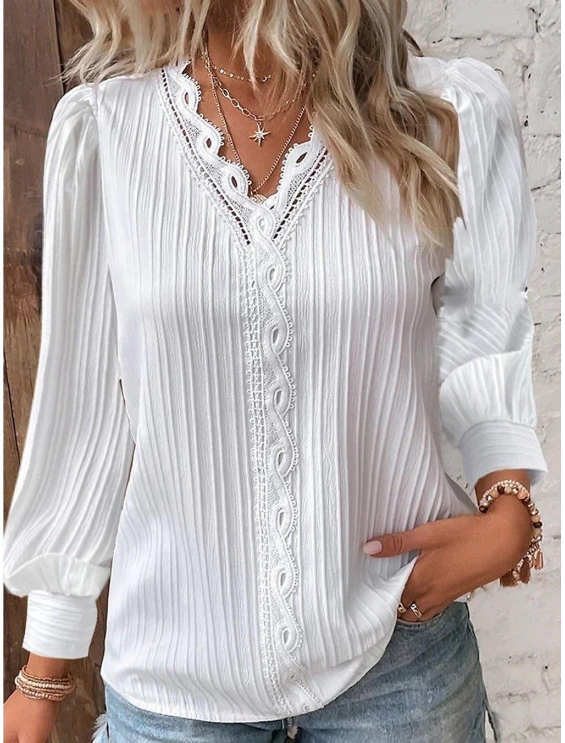 Aria Lace V-Neck Blouse – Timeless Softness, Refined Detail